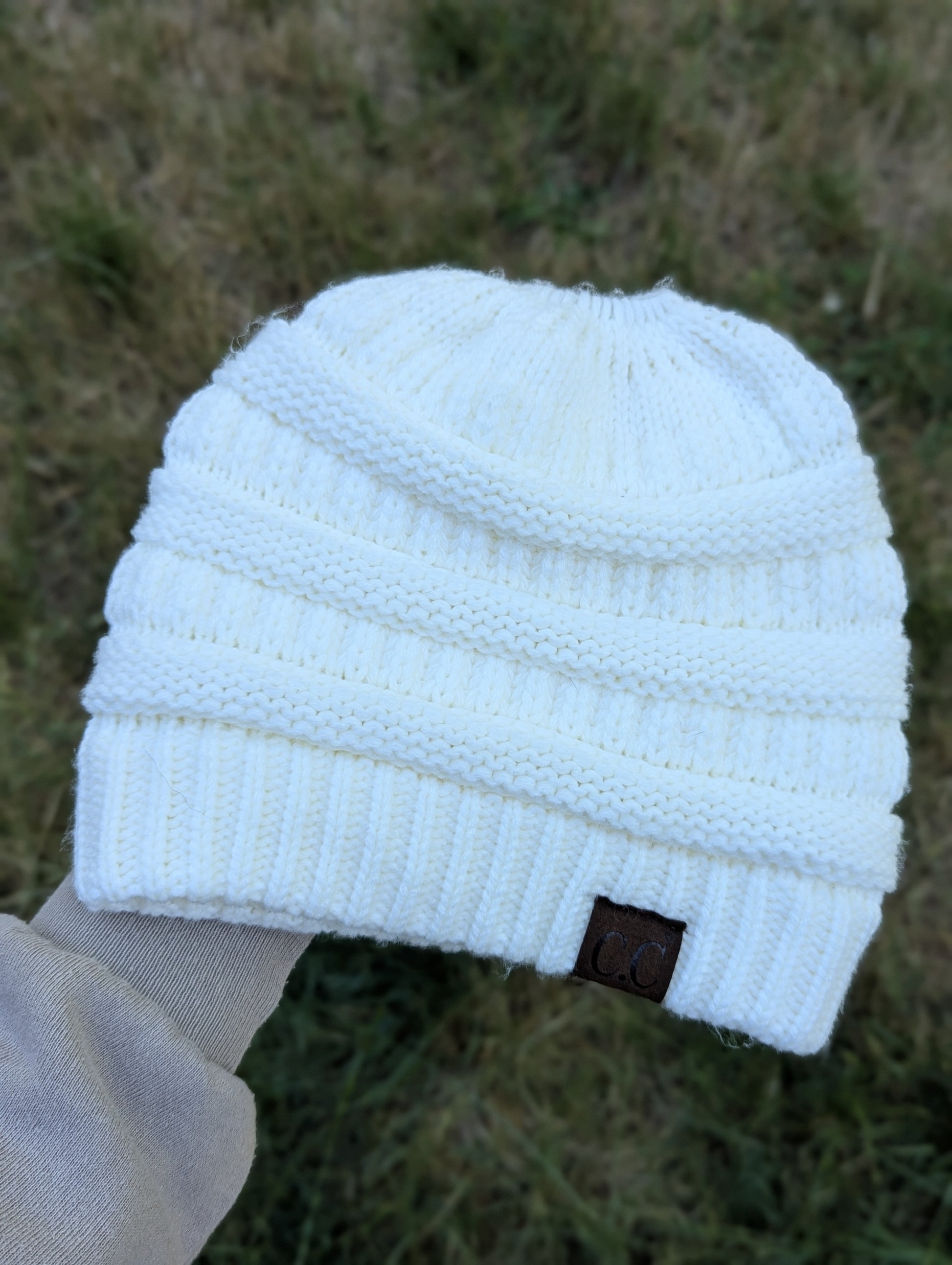C.C Exclusives Soft Stretch Cable Knit Messy Bun Beanie